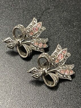 Silver Bow Earrings with Pink Crystal Accents-A1